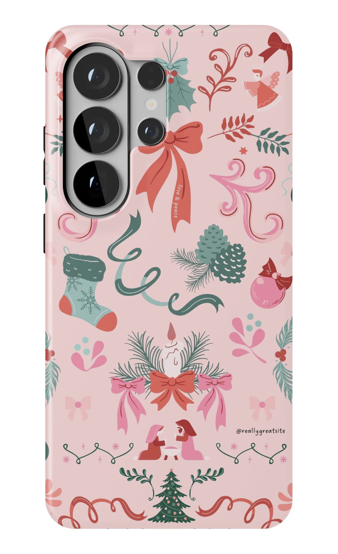 Ribbons, holly and candy canes on pink. Shown on a Galaxy.