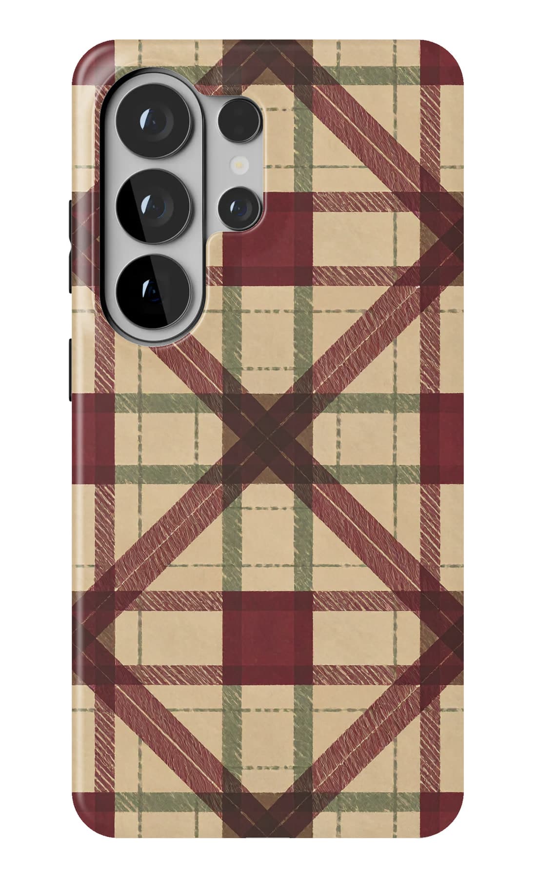 Red, green and cream, woven close. Shown on a Galaxy.