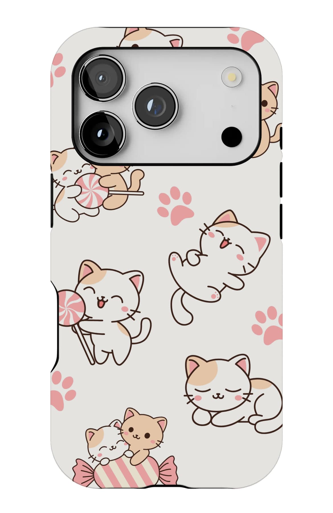 Kittens, sweets and paw prints on cream. Shown on an iPhone.