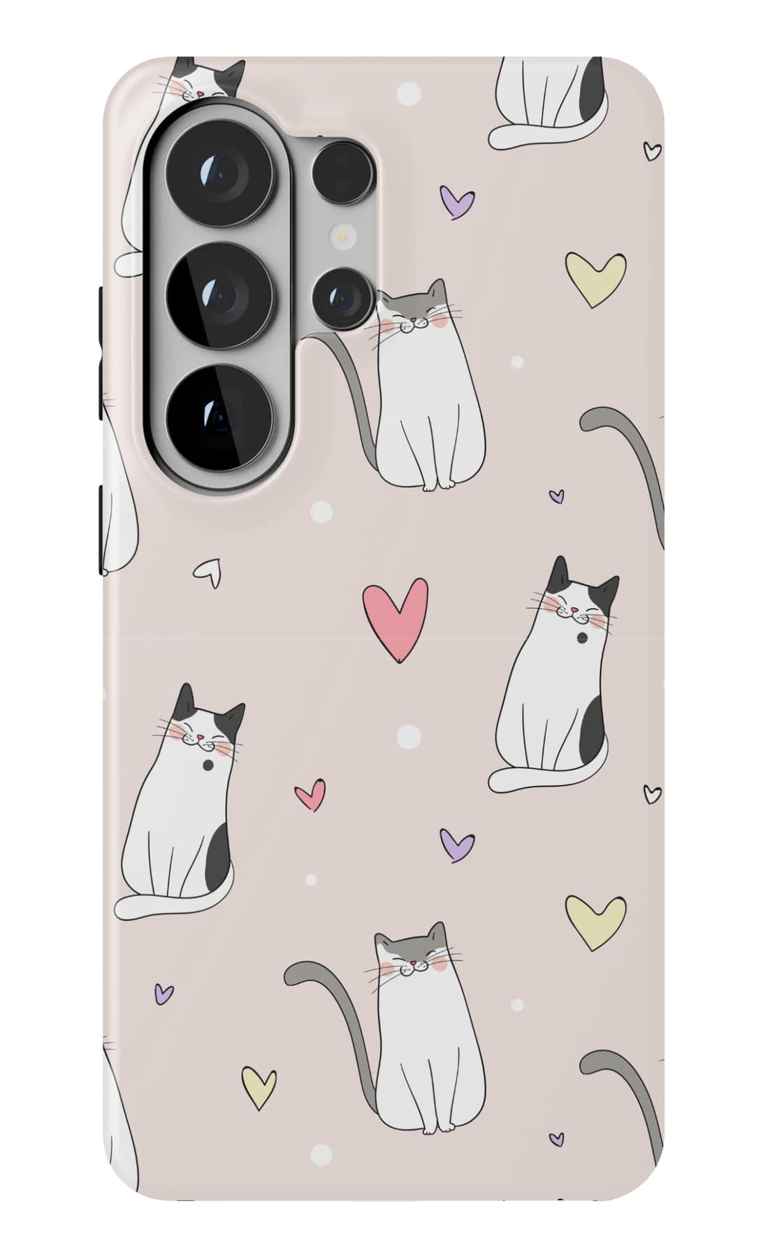Cats drawn in one line, with hearts, on cream. Shown on a Galaxy.