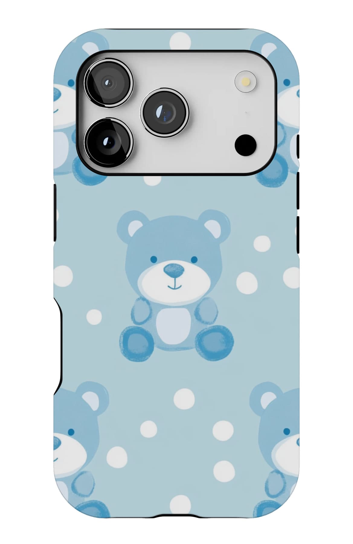Small blue teddies on a dotted sky. Shown on an iPhone.