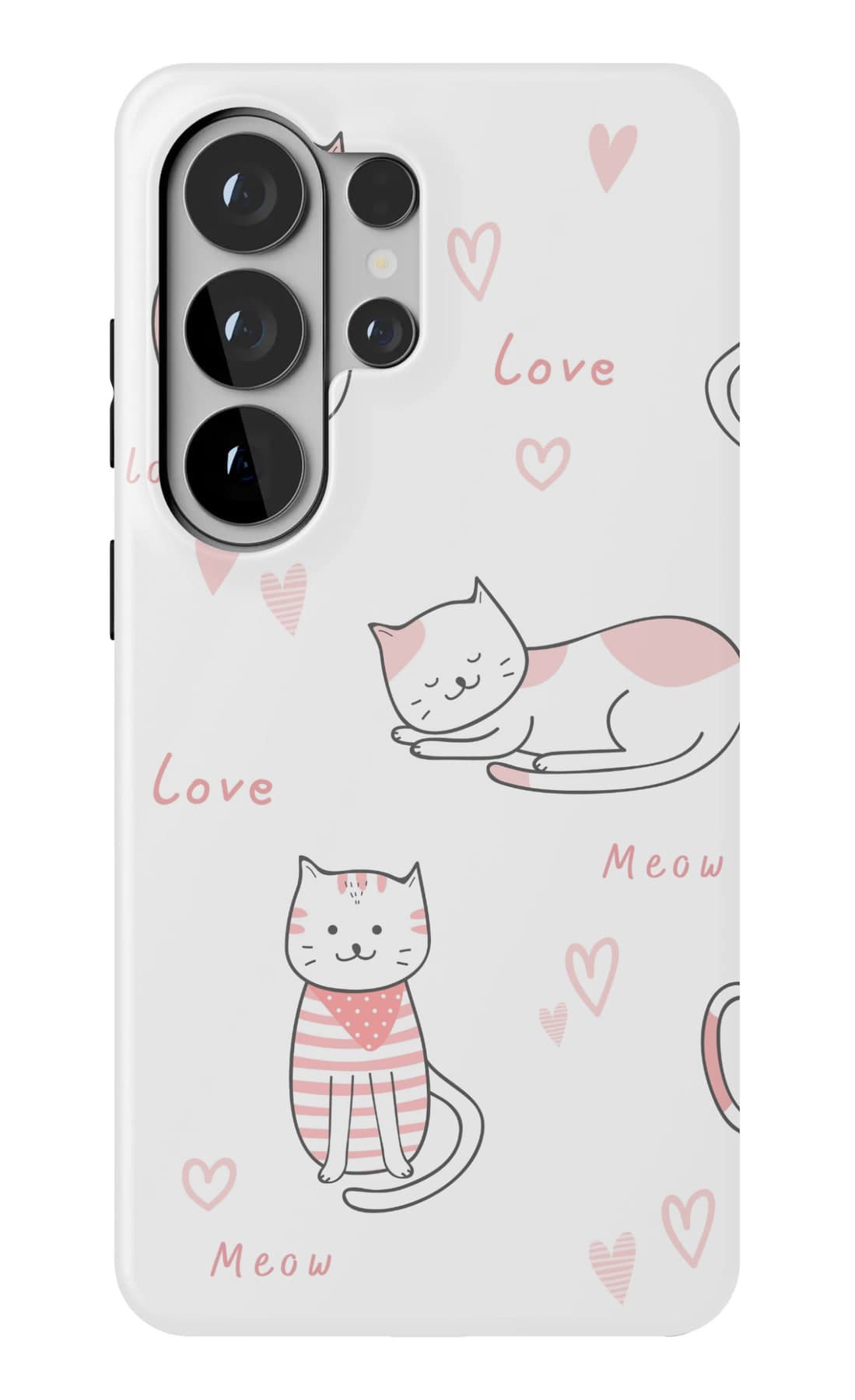 Outlined cats, love and meow, on white. Shown on a Galaxy.