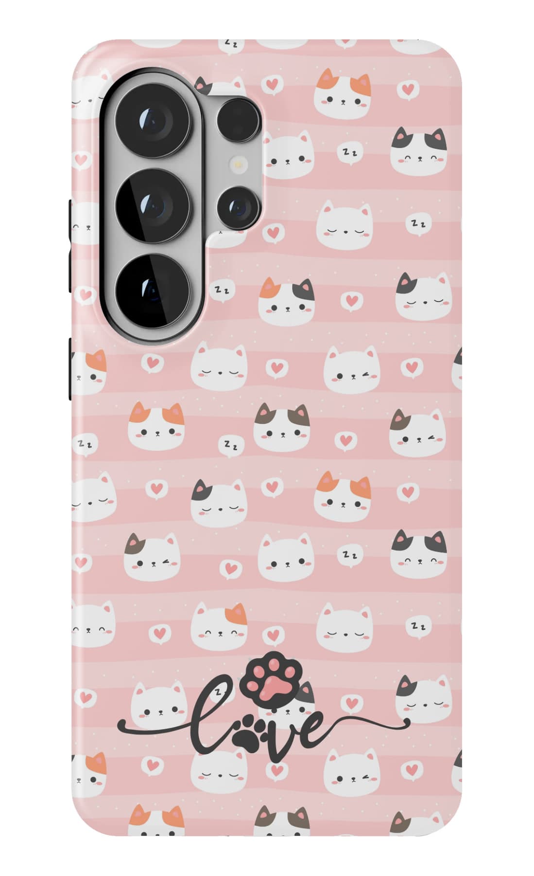 Cat faces repeating across blush pink. Shown on a Galaxy.