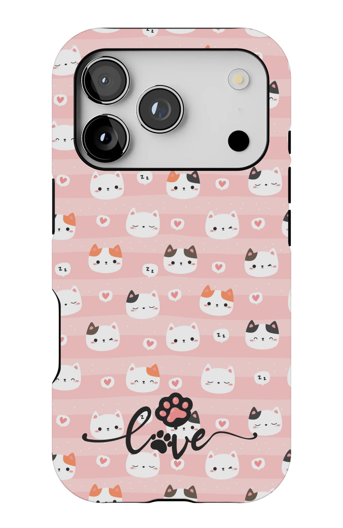 Cat faces repeating across blush pink. Shown on an iPhone.