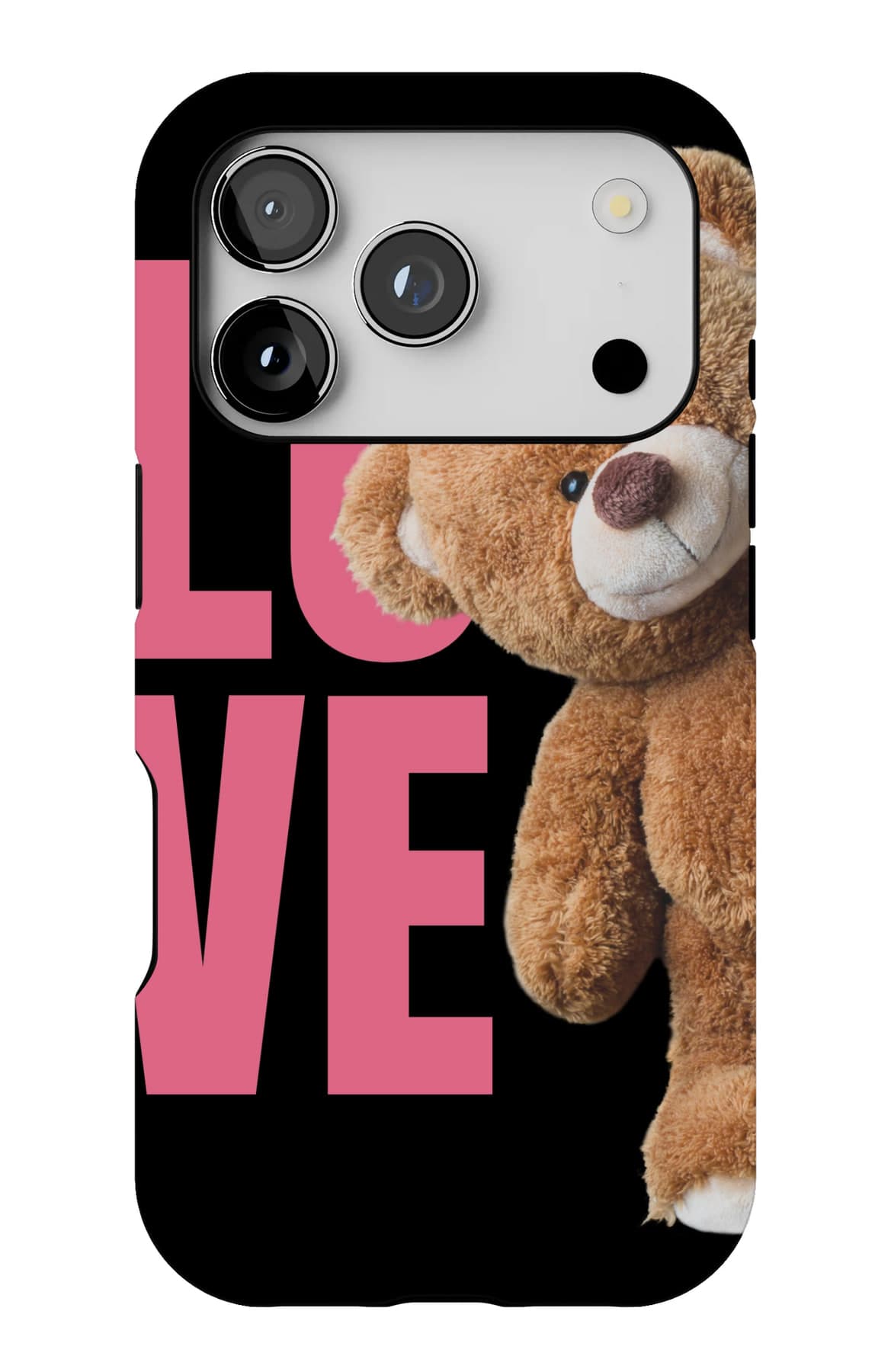 LOVE in pink, and a bear who means it. Shown on an iPhone.