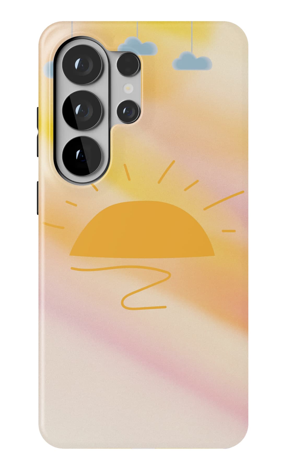 A drawn sun low on a yellow sky. Shown on a Galaxy.
