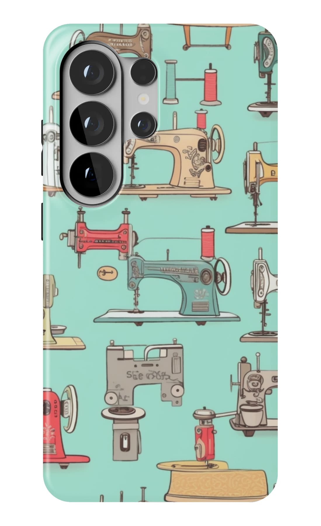 Rows of sewing machines on pale blue. Shown on a Galaxy.