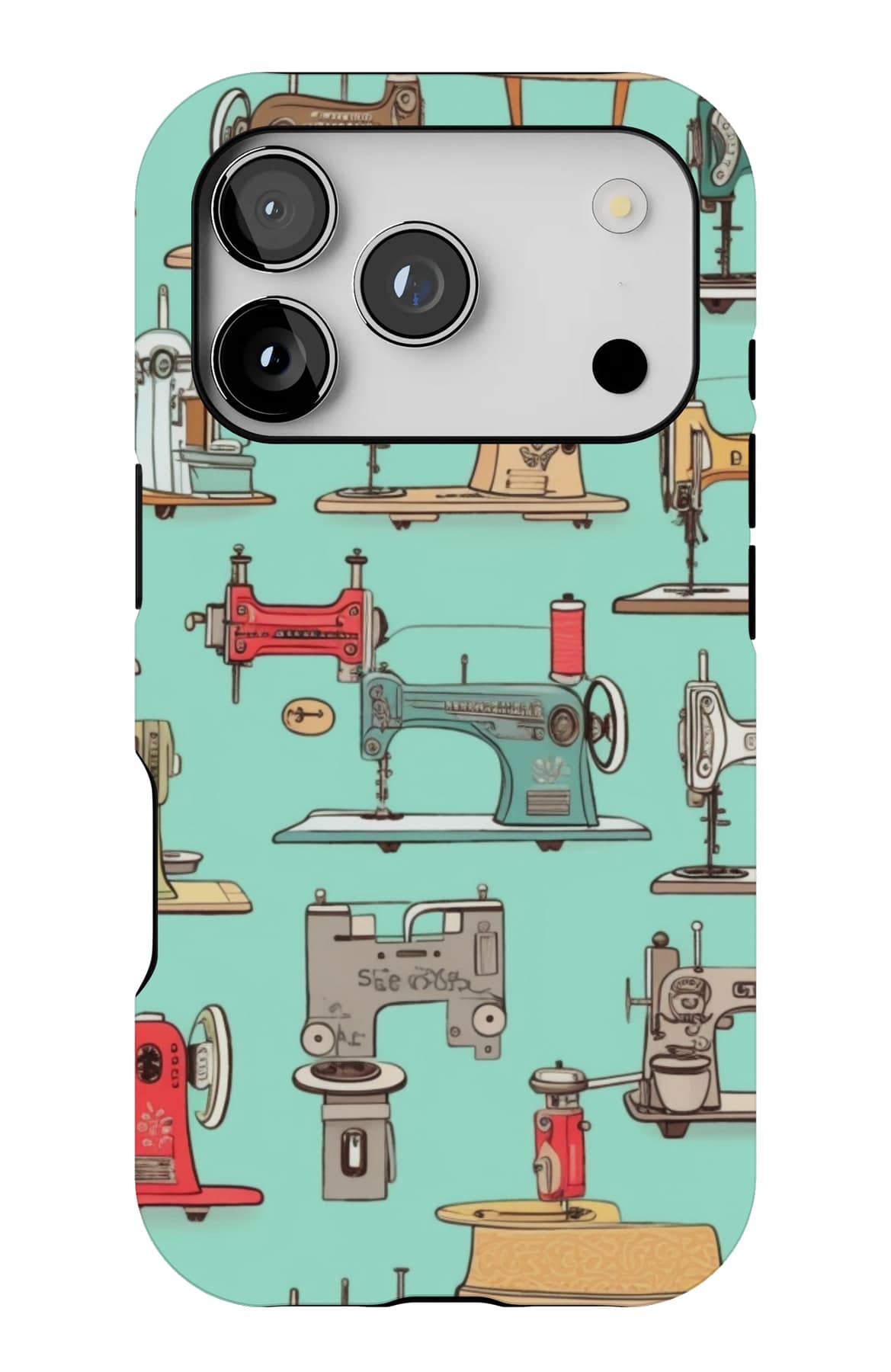 Rows of sewing machines on pale blue. Shown on an iPhone.