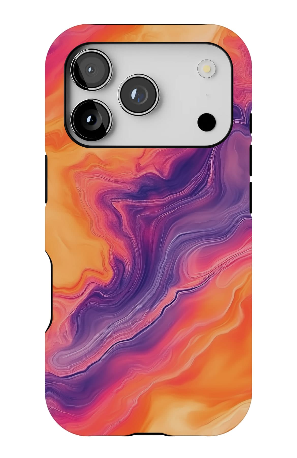 Magenta and blue folding into orange. Shown on an iPhone.
