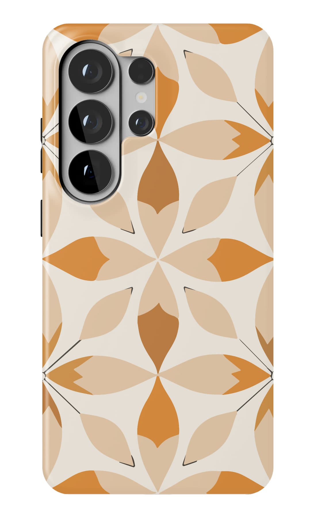 An eight-point marigold repeating on cream. Shown on a Galaxy.