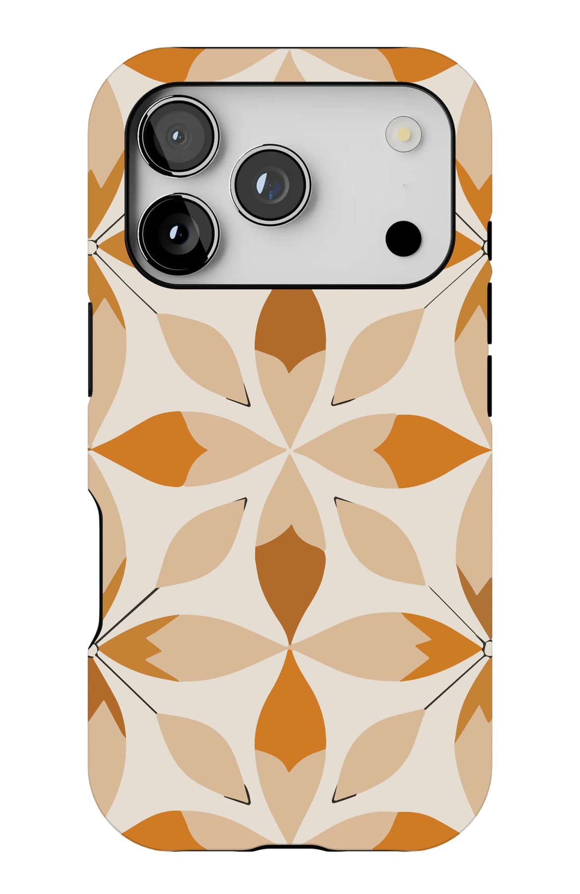 An eight-point marigold repeating on cream. Shown on an iPhone.