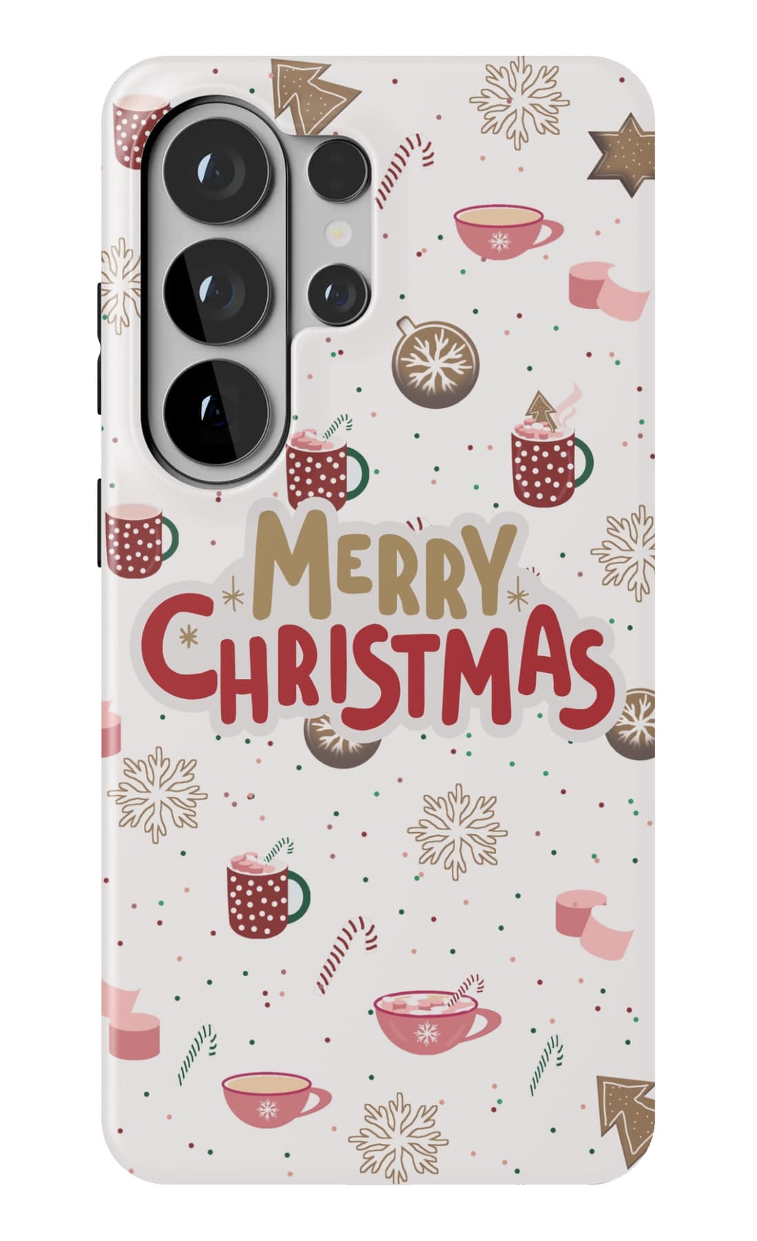 Merry Christmas, set among mugs and tiny firs. Shown on a Galaxy.