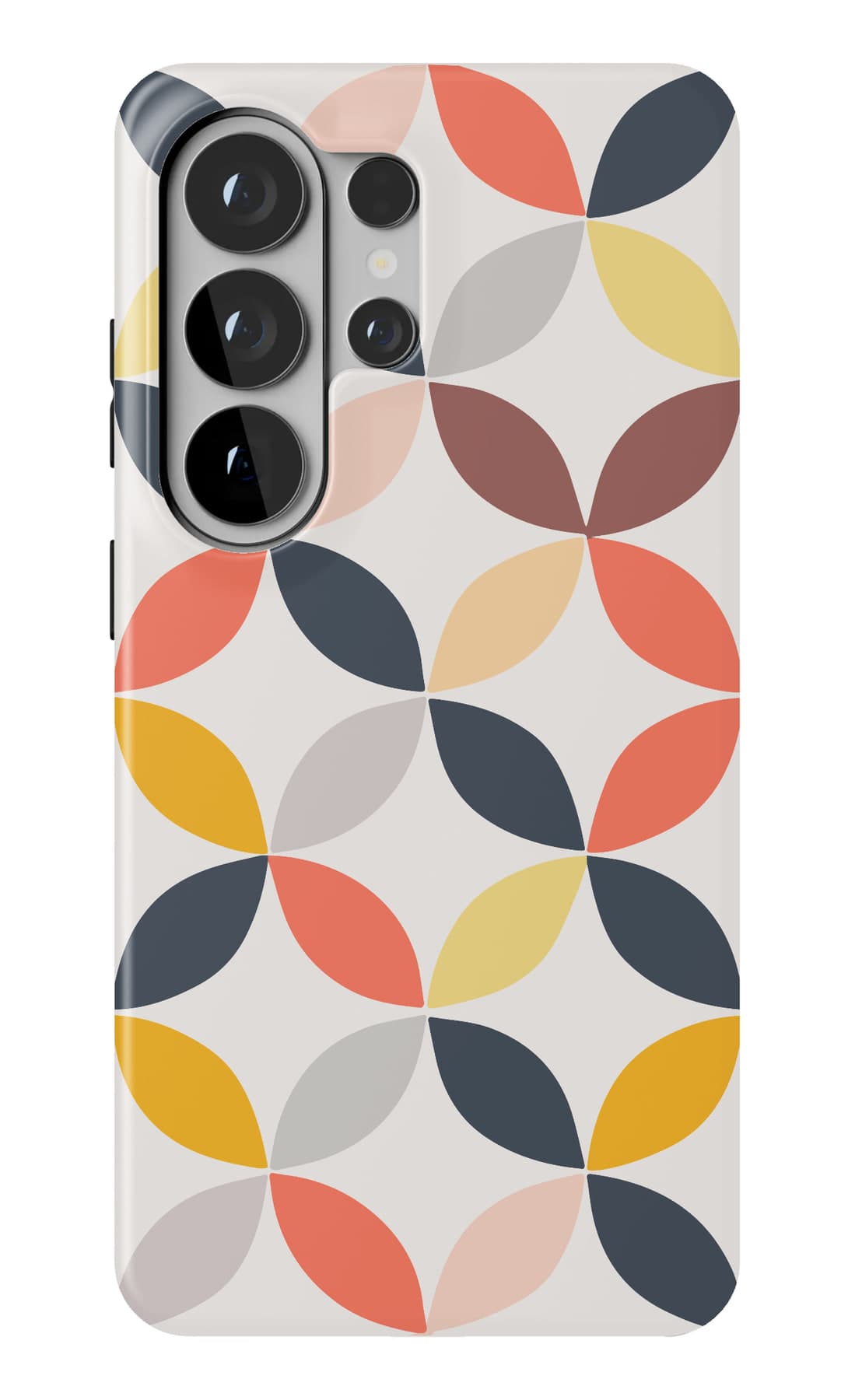 Four-petal tiles in mustard, navy and coral. Shown on a Galaxy.