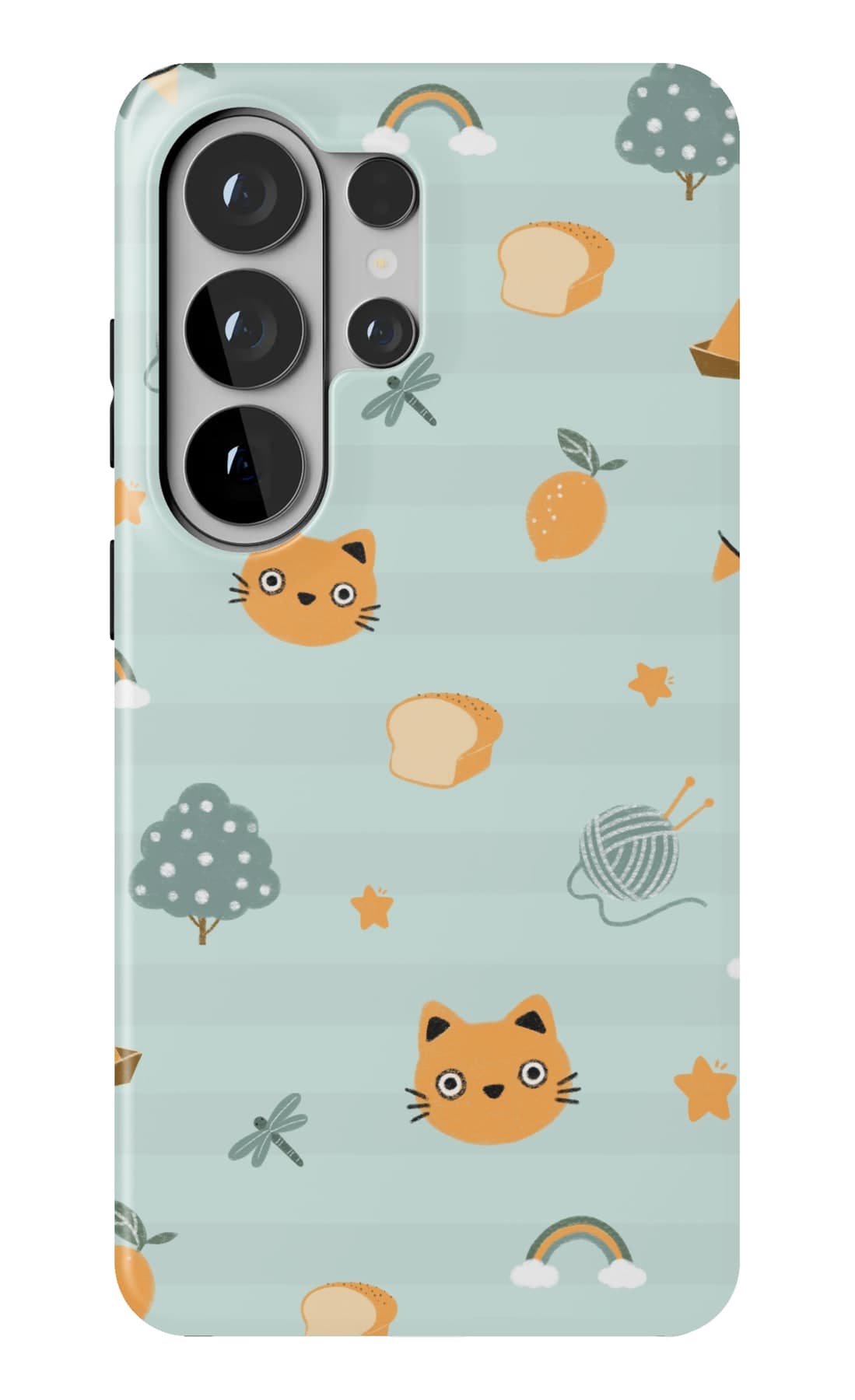 Cats, oranges and rainbows on mint. Shown on a Galaxy.