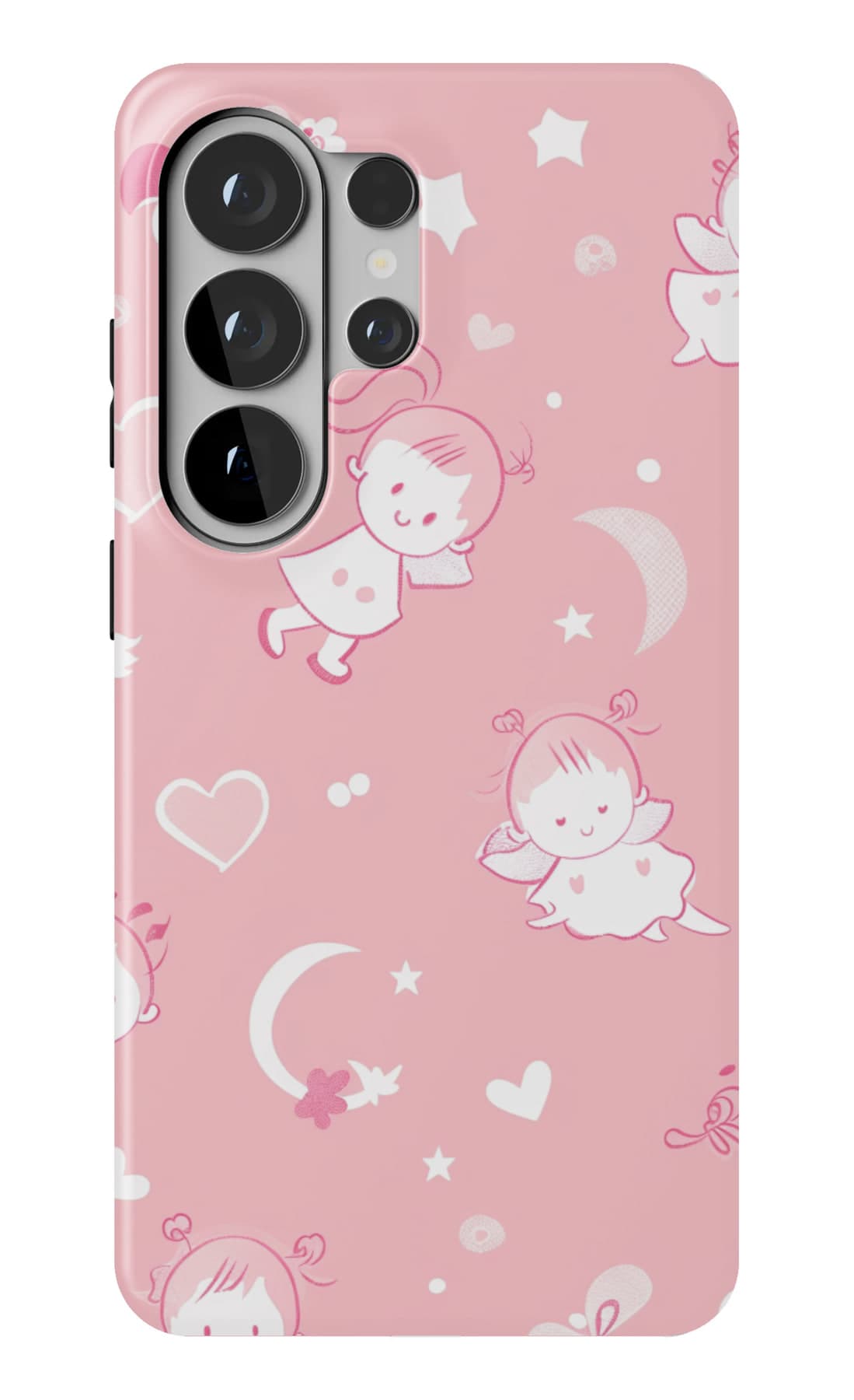 White bunnies, moons and stars on pink. Shown on a Galaxy.