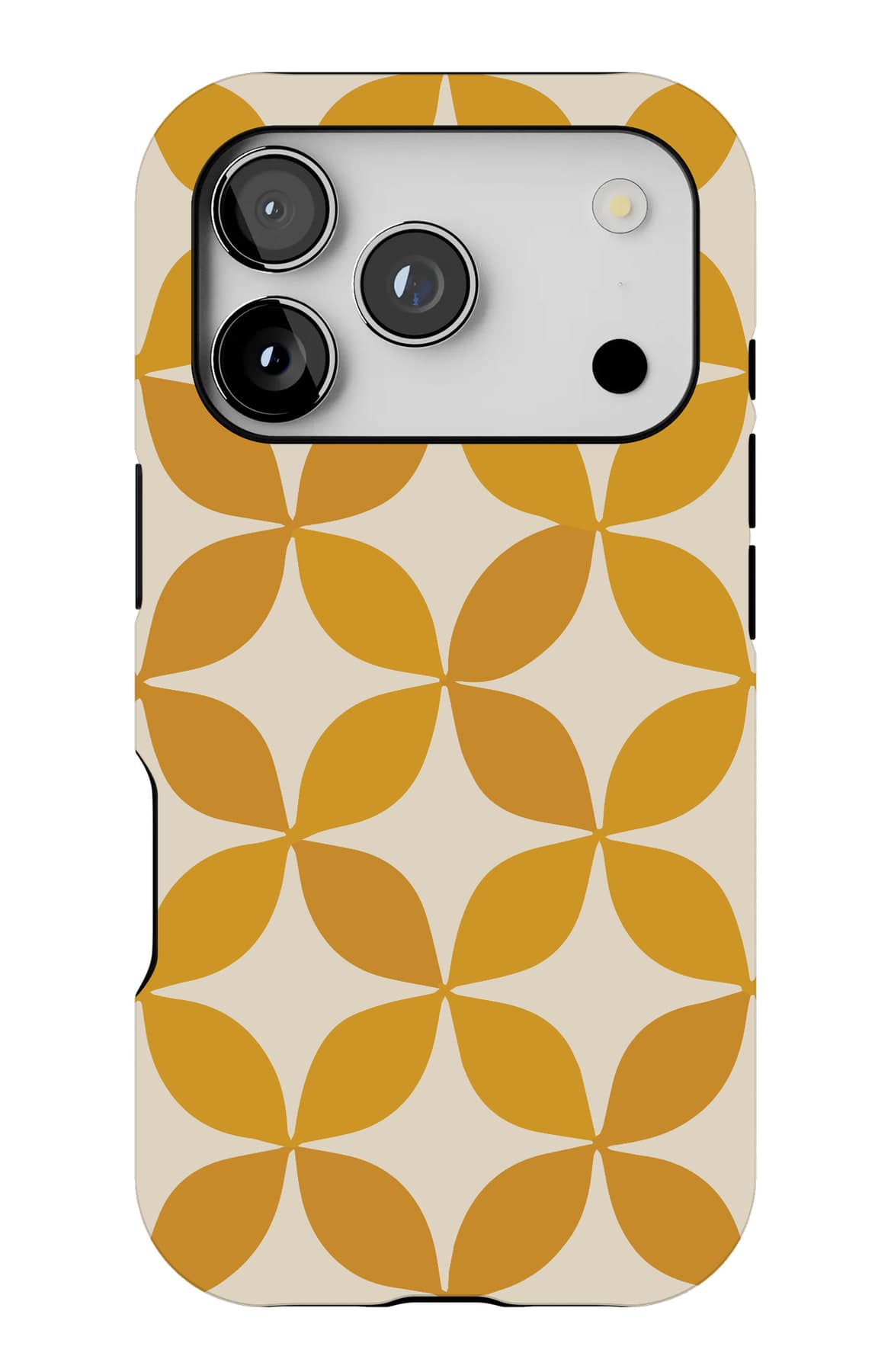Mustard petal circles on warm cream. Shown on an iPhone.