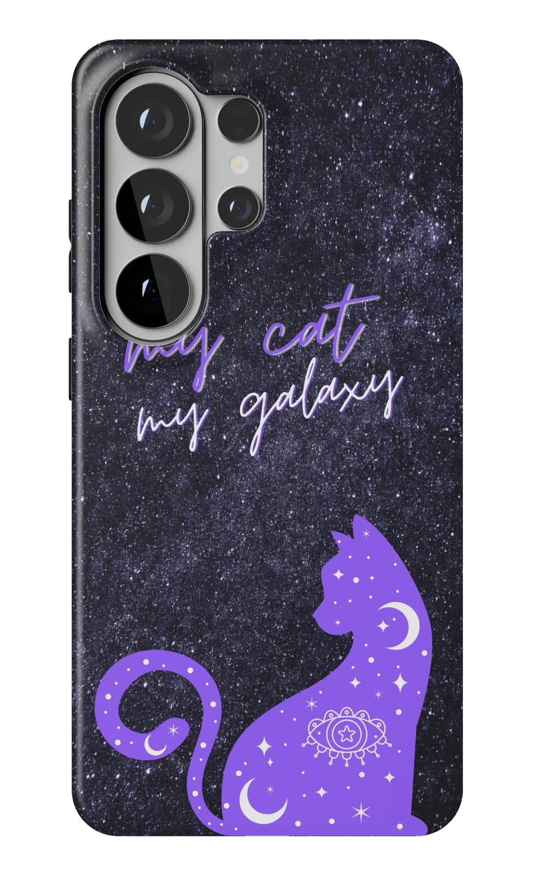 A cat silhouette against a purple galaxy. Shown on a Galaxy.