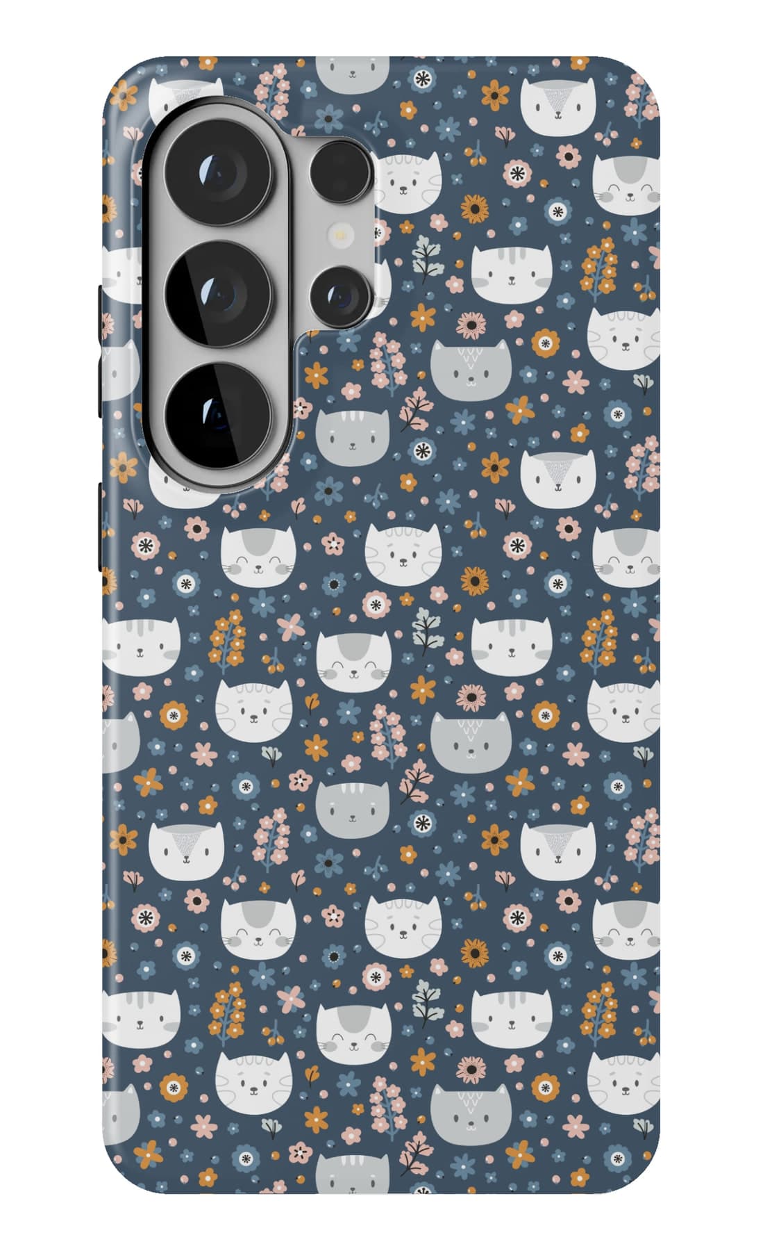 Cat faces and tiny blooms on deep navy. Shown on a Galaxy.
