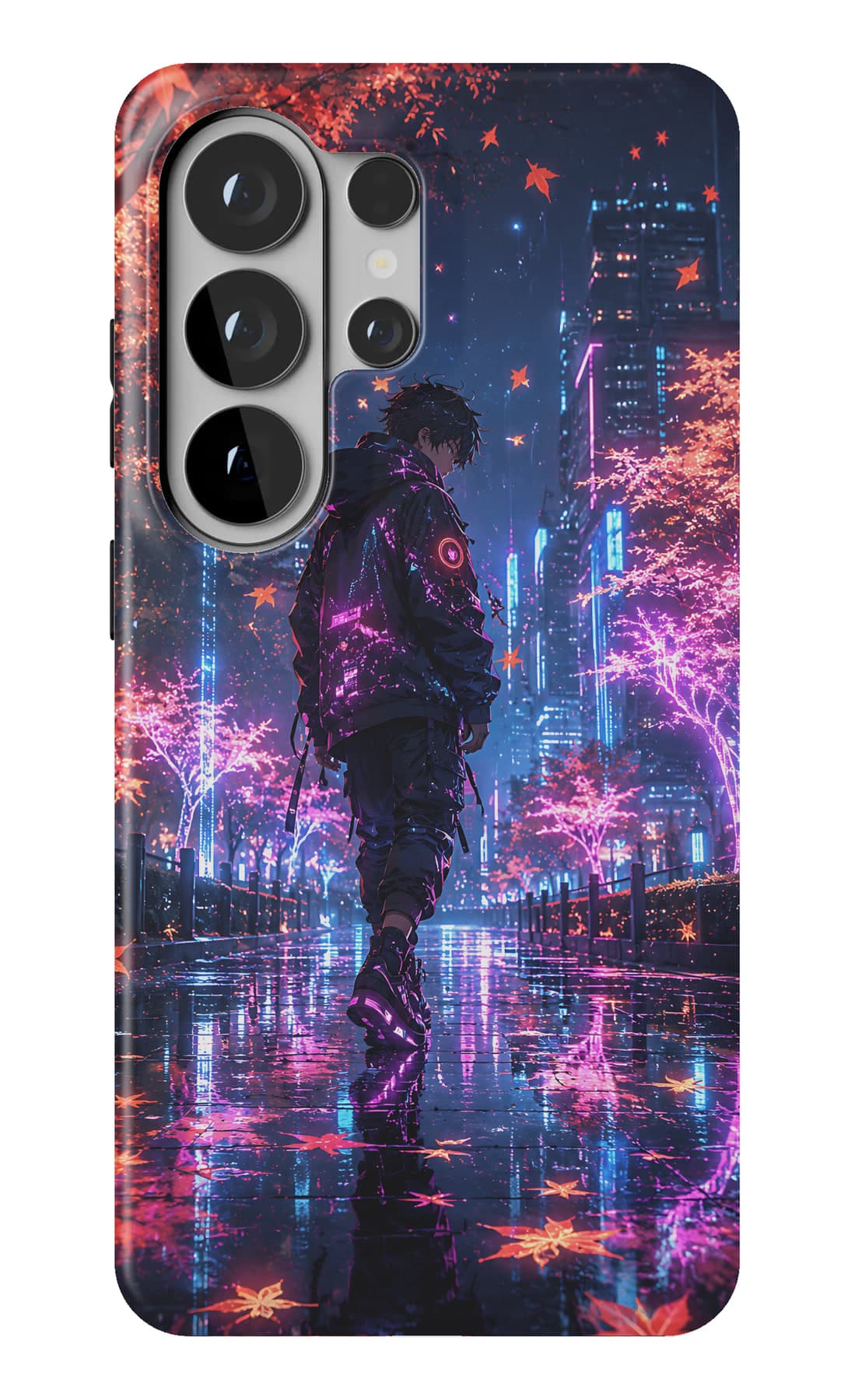 Neon reflected on a wet city street. Shown on a Galaxy.