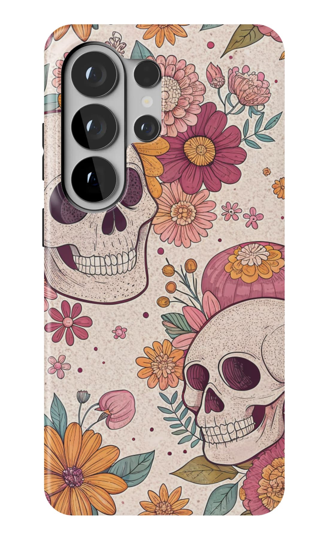 A pale skull and flowers in the dark. Shown on a Galaxy.