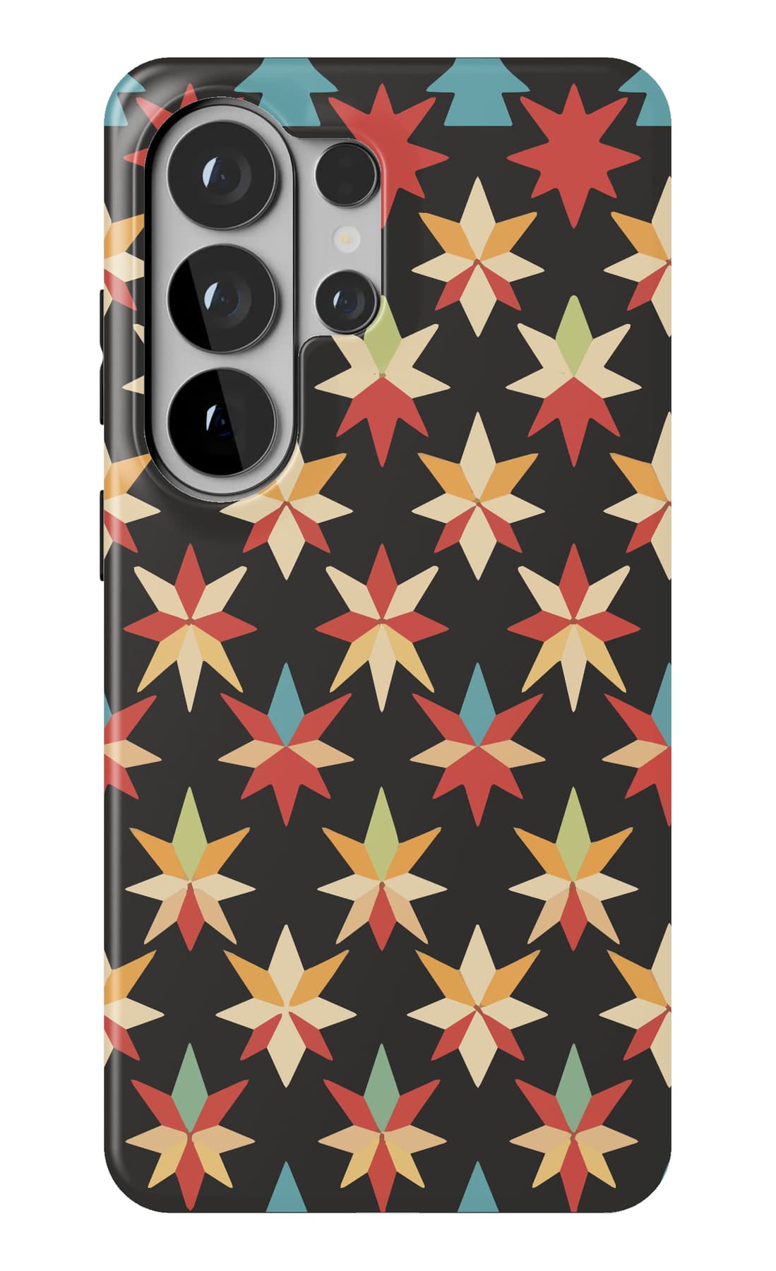 Orange and teal stars on a black ground. Shown on a Galaxy.