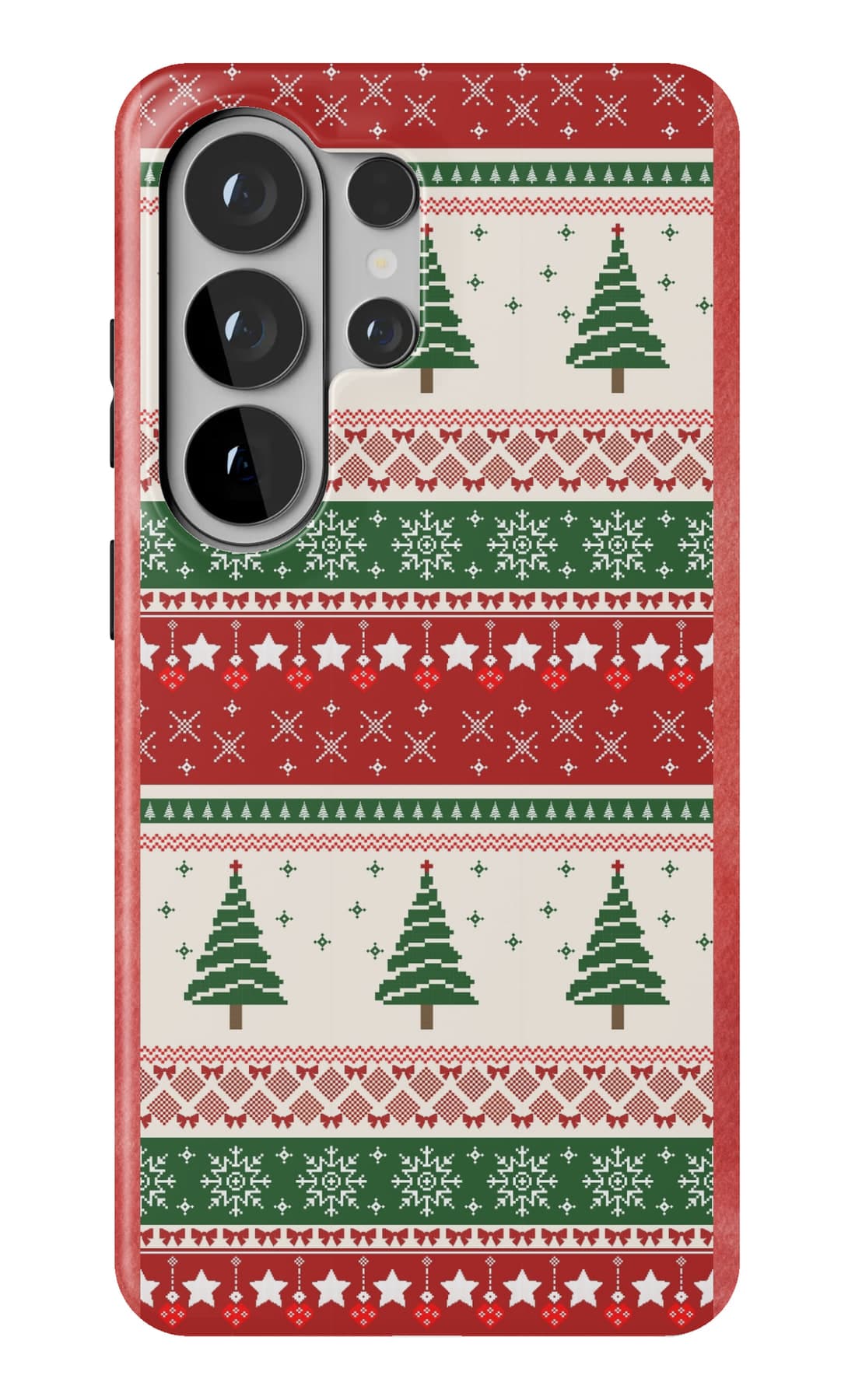 Knitted bands of red and green, the way a jumper does it. Shown on a Galaxy.