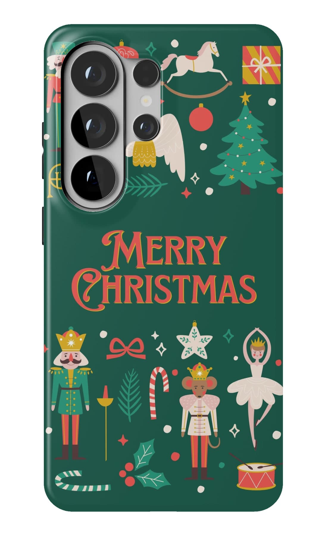 Nutcracker, rocking horse and tree on deep green. Shown on a Galaxy.