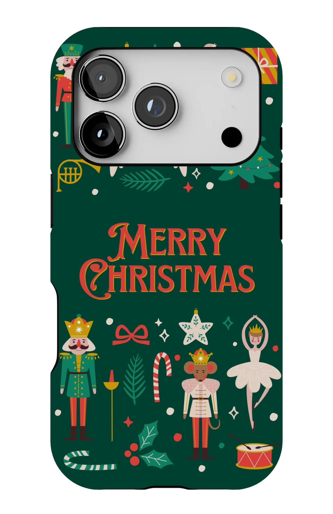 Nutcracker, rocking horse and tree on deep green. Shown on an iPhone.