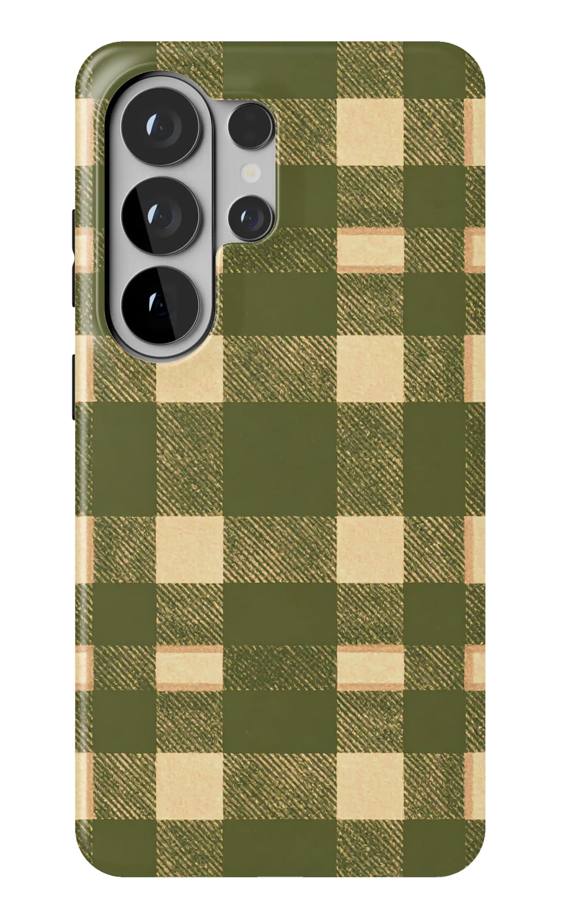 Olive and cream in a quiet check. Shown on a Galaxy.