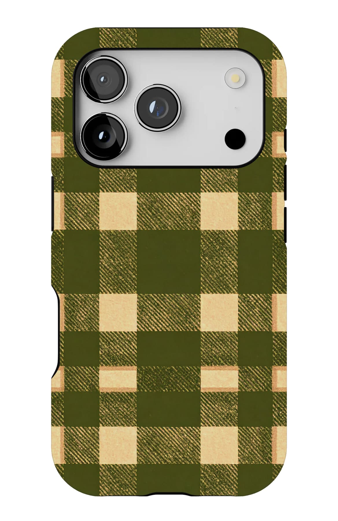 Olive and cream in a quiet check. Shown on an iPhone.