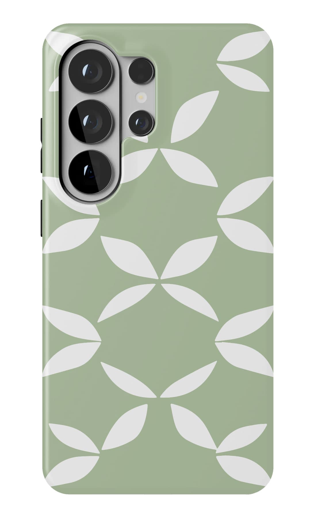 White leaf shapes in a steady grid on olive. Shown on a Galaxy.