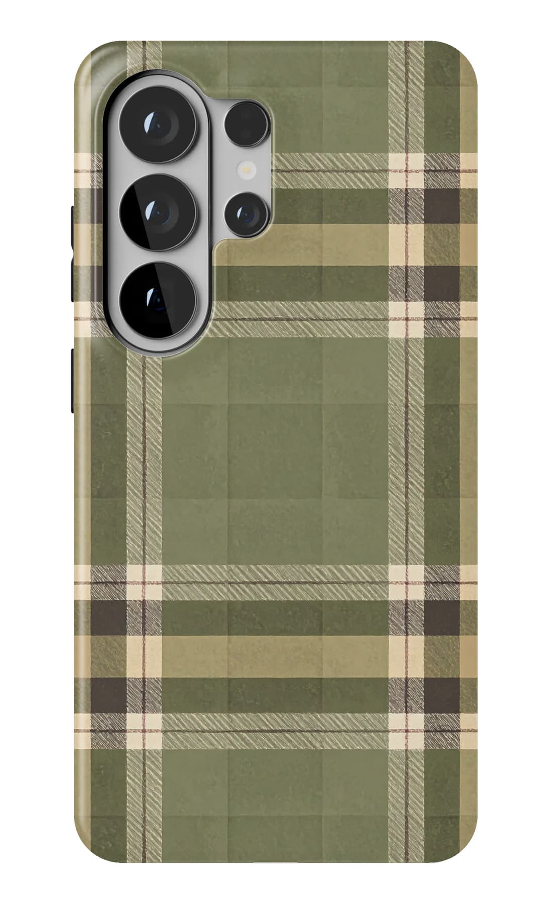 Olive and cream plaid, softly worn. Shown on a Galaxy.