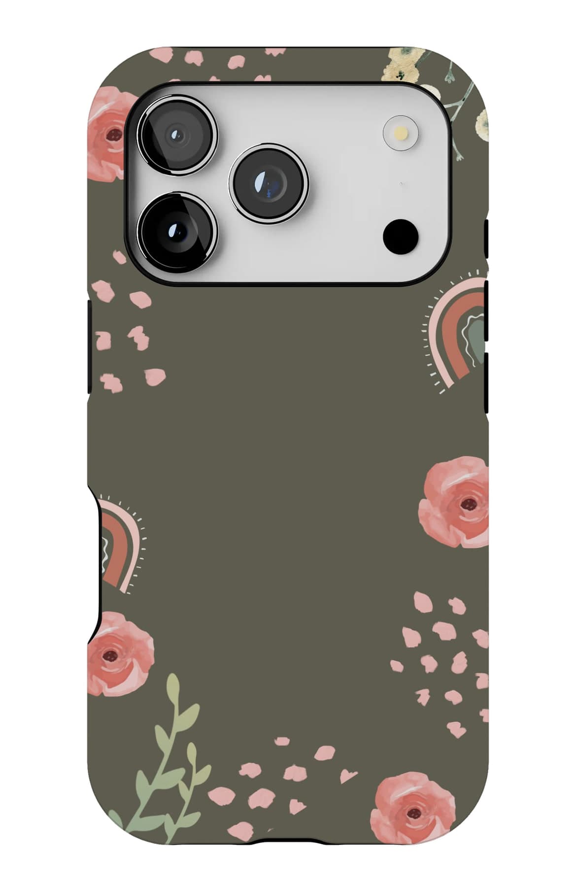 Poppies and a small rainbow on olive. Shown on an iPhone.