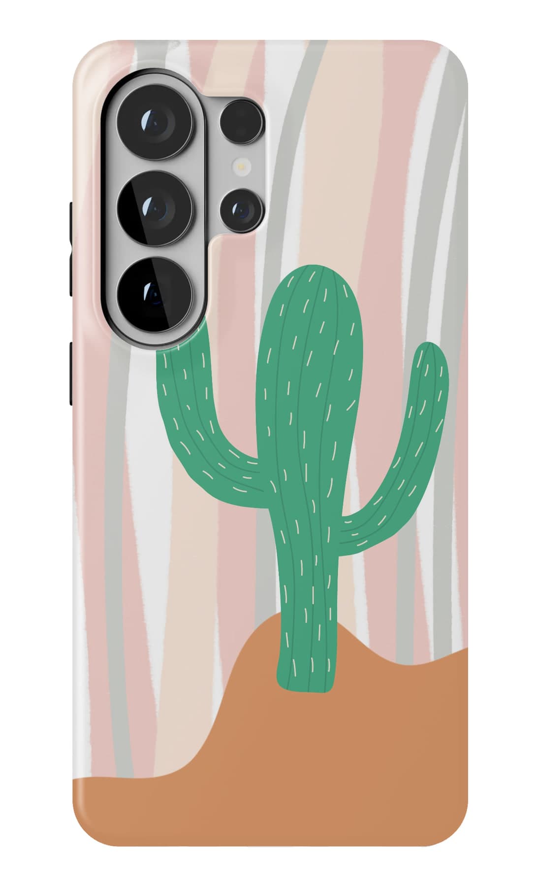 A single cactus against striped curtains. Shown on a Galaxy.
