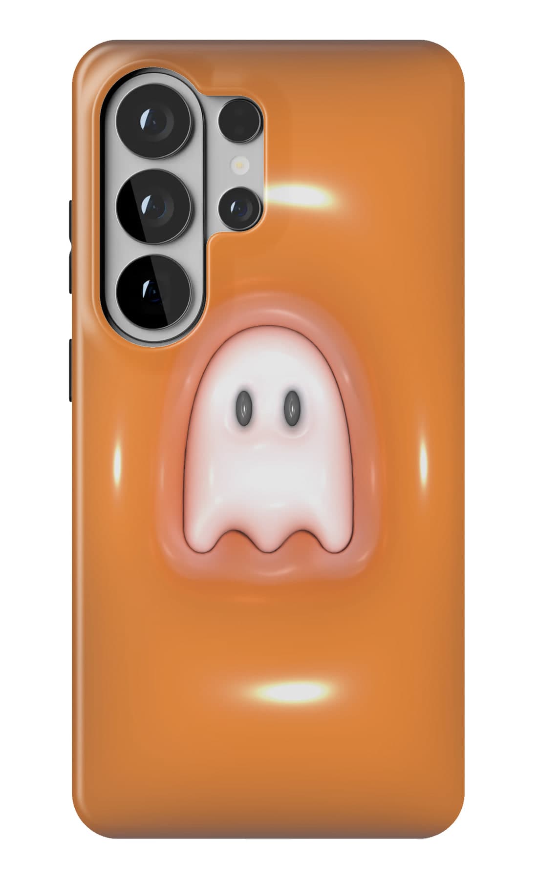 A single glossy ghost on molten orange. Shown on a Galaxy.