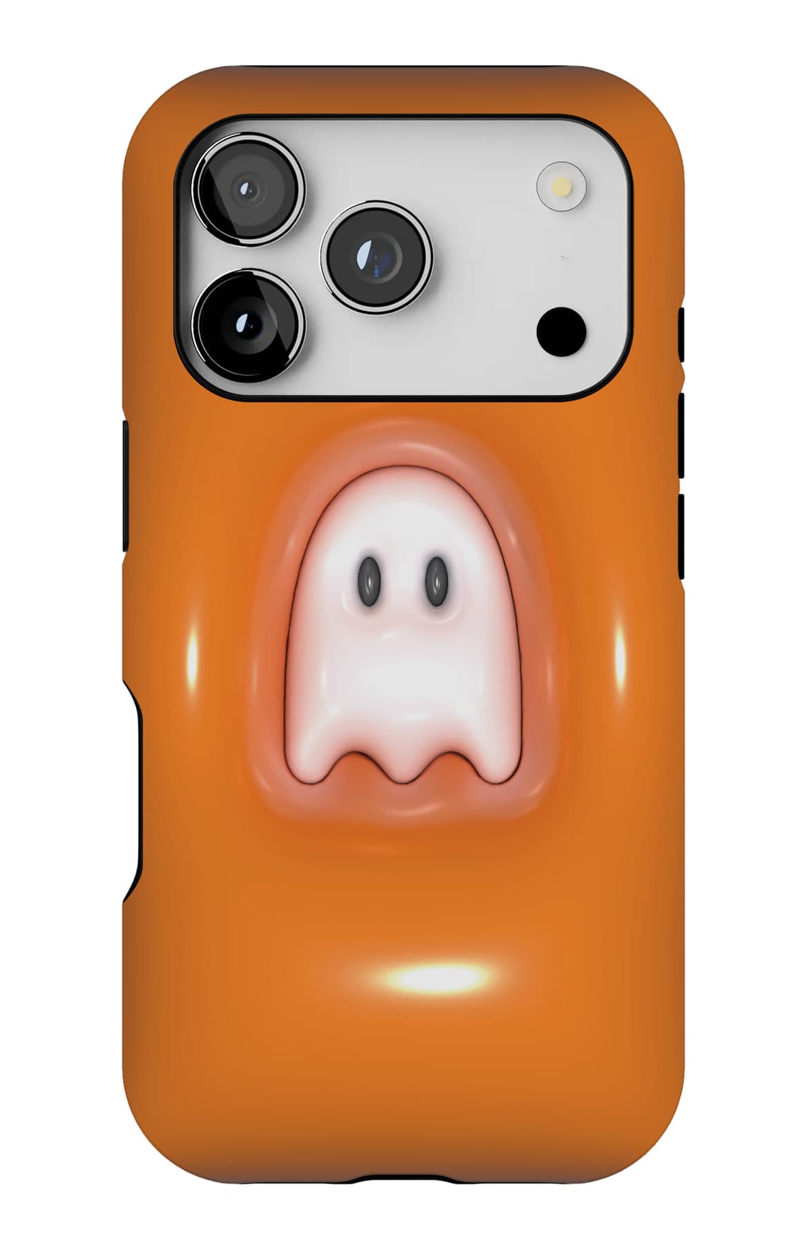 A single glossy ghost on molten orange. Shown on an iPhone.