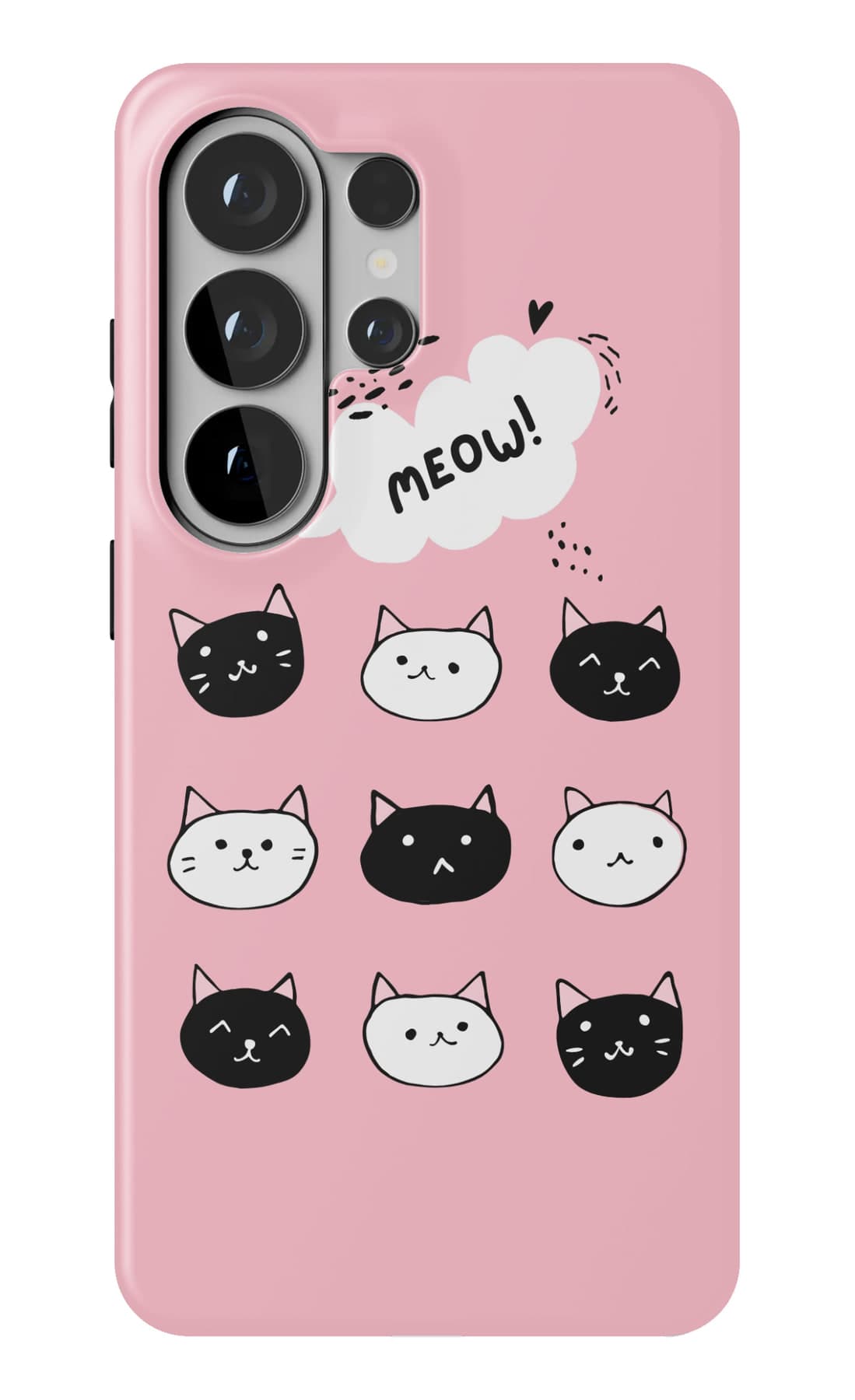 Cat faces on pink, and one loud meow. Shown on a Galaxy.