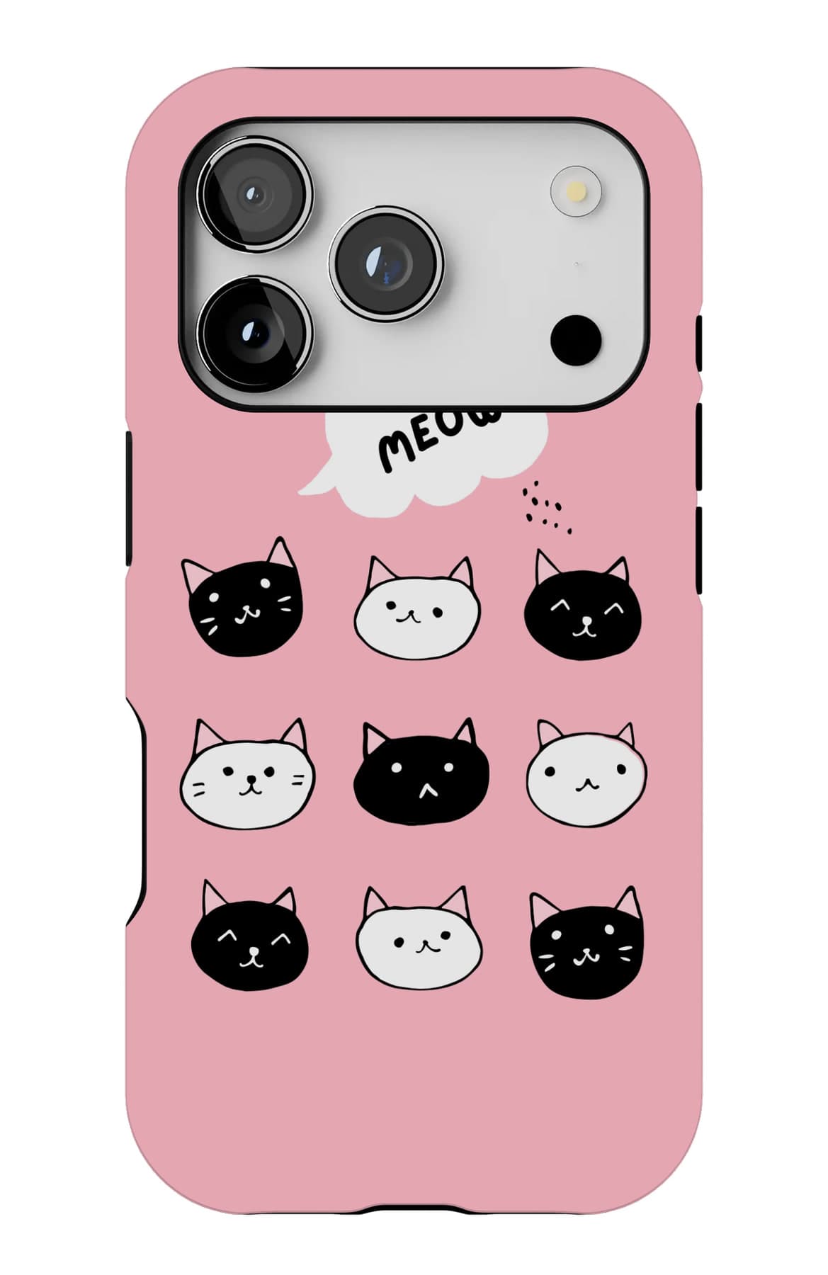 Cat faces on pink, and one loud meow. Shown on an iPhone.