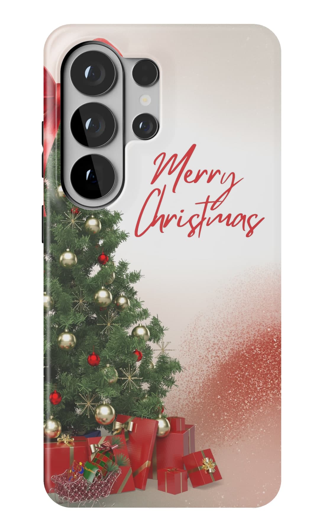 A decorated fir and a single red ribbon. Shown on a Galaxy.