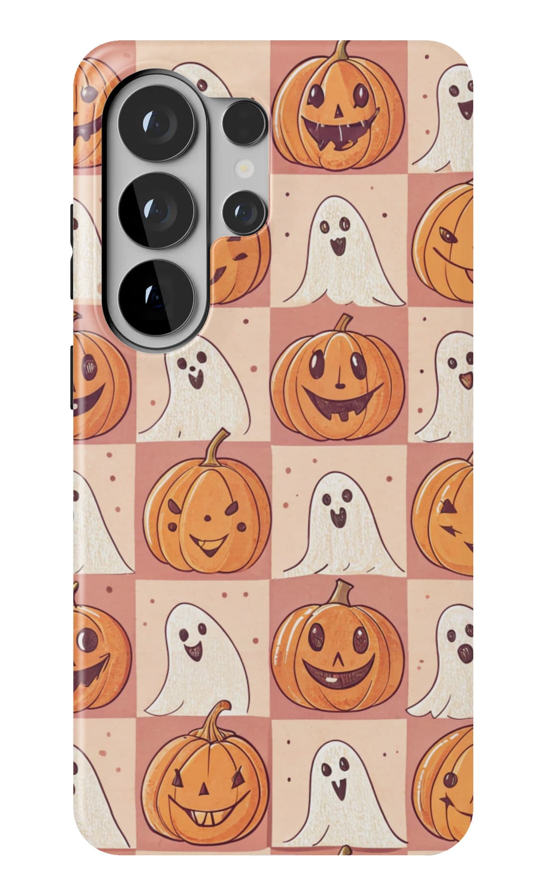 Ghosts and pumpkins on burnt orange. Shown on a Galaxy.
