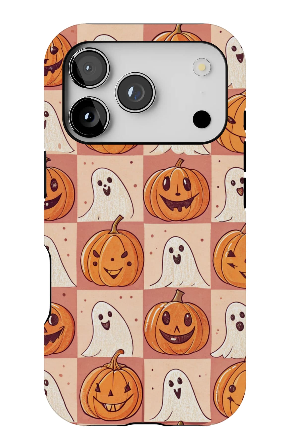 Ghosts and pumpkins on burnt orange. Shown on an iPhone.