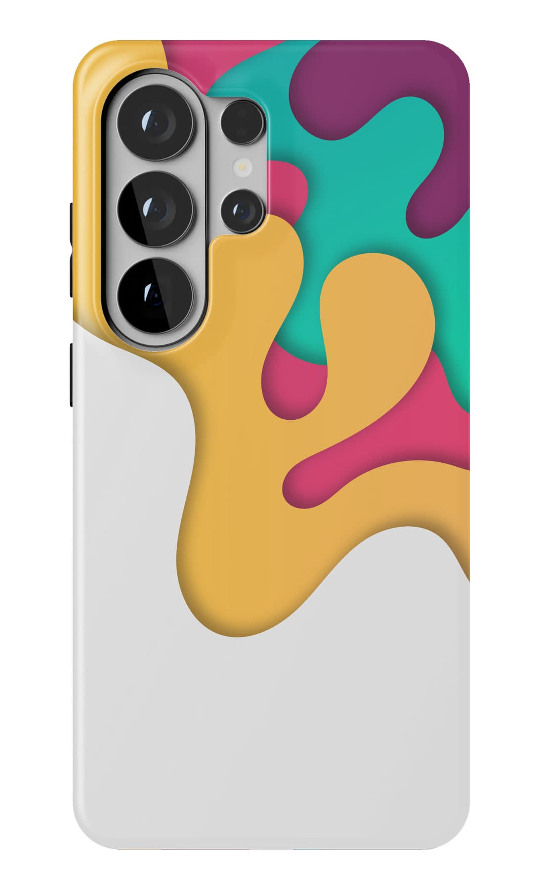 Cut-paper colour spilling across white. Shown on a Galaxy.