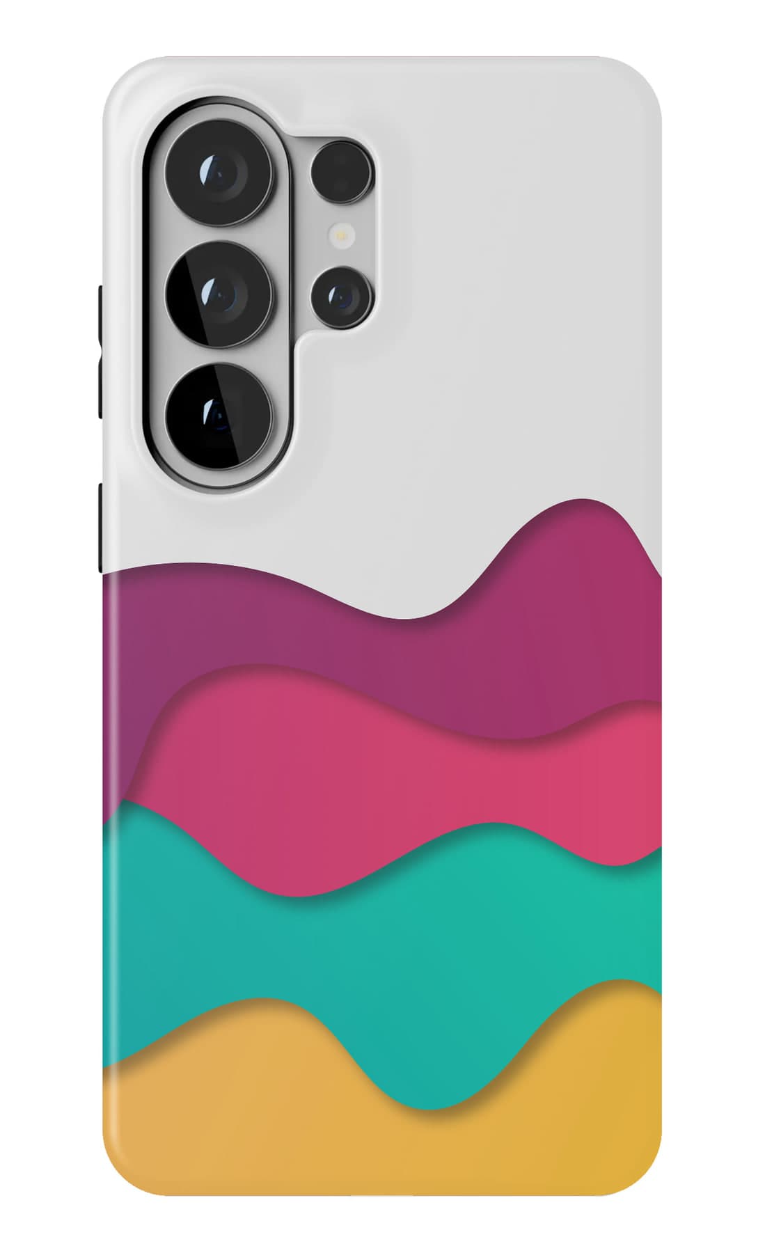 Cut-paper waves in magenta and teal. Shown on a Galaxy.