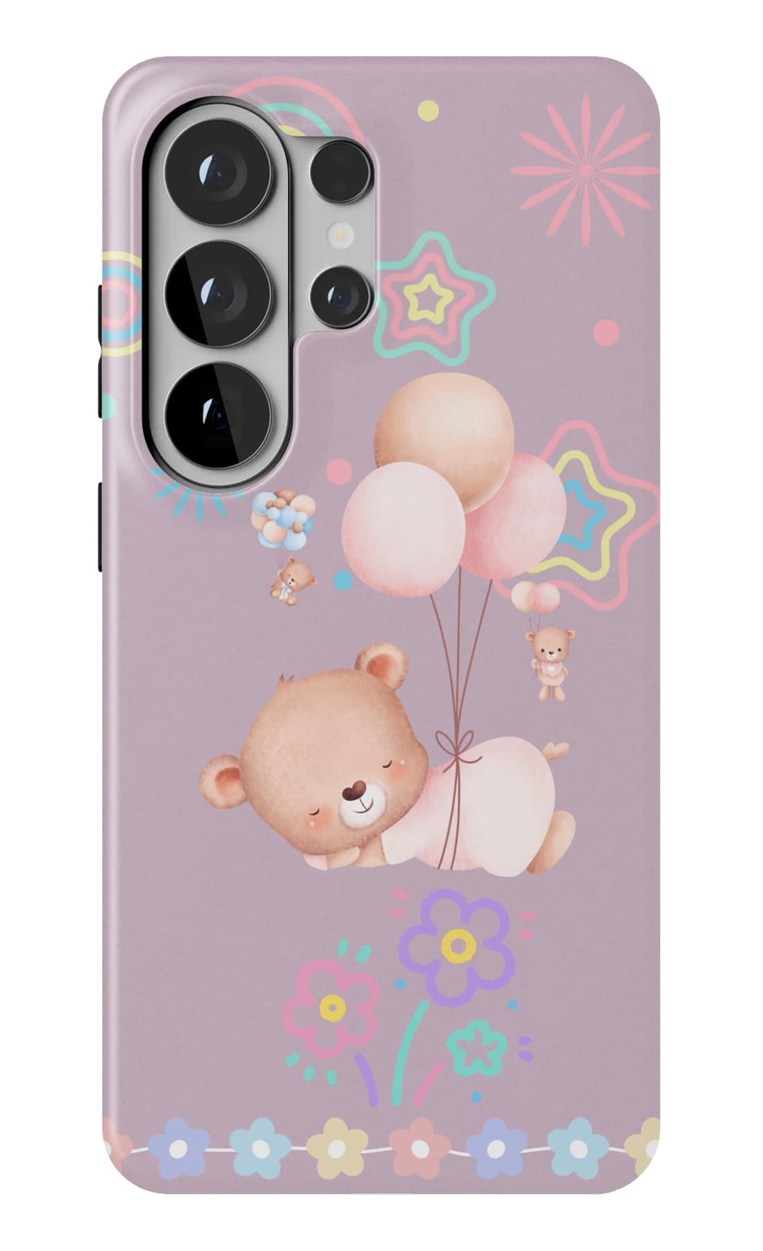 A bear lifted by balloons. Shown on a Galaxy.
