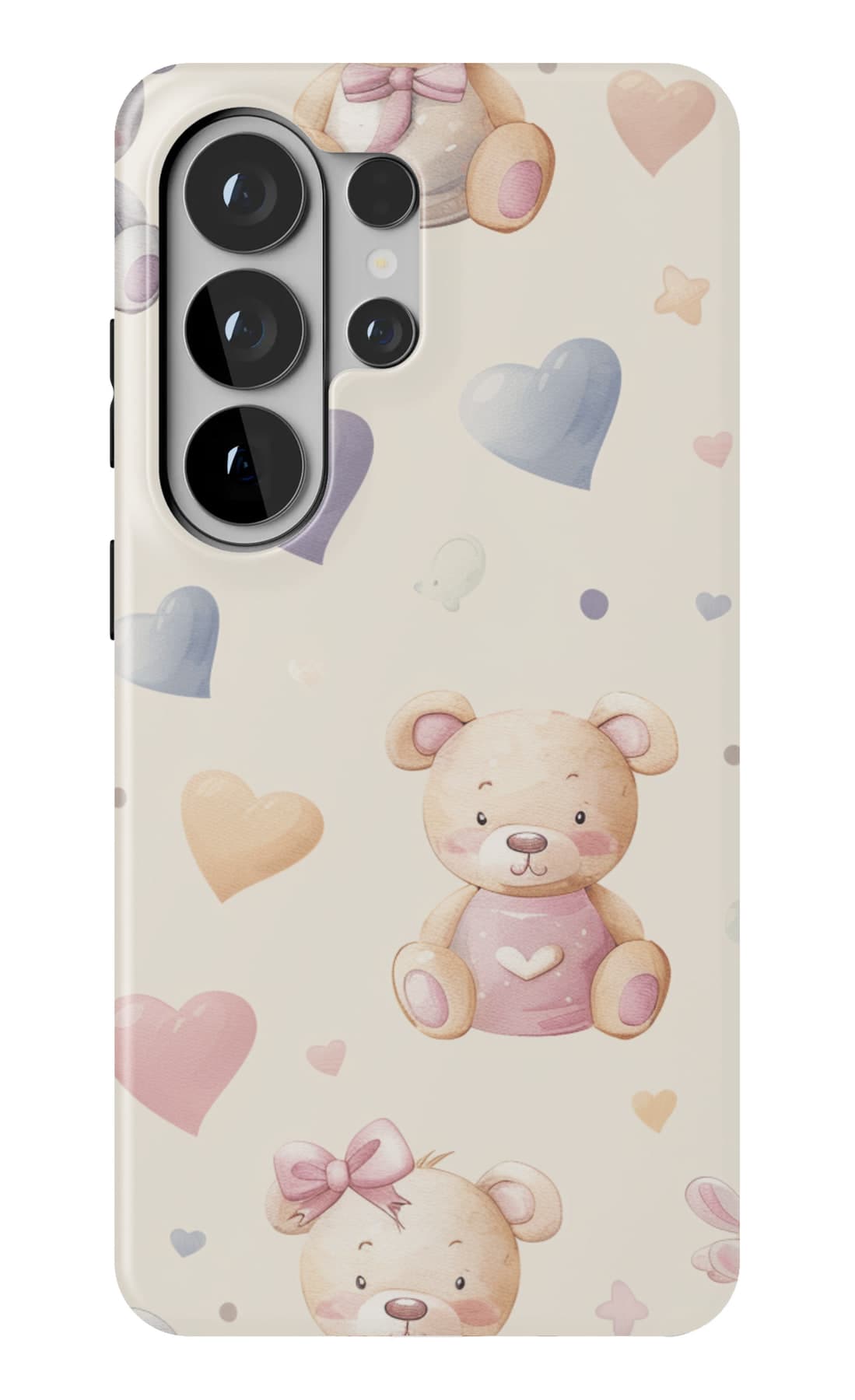 Soft teddies and hearts on cream. Shown on a Galaxy.