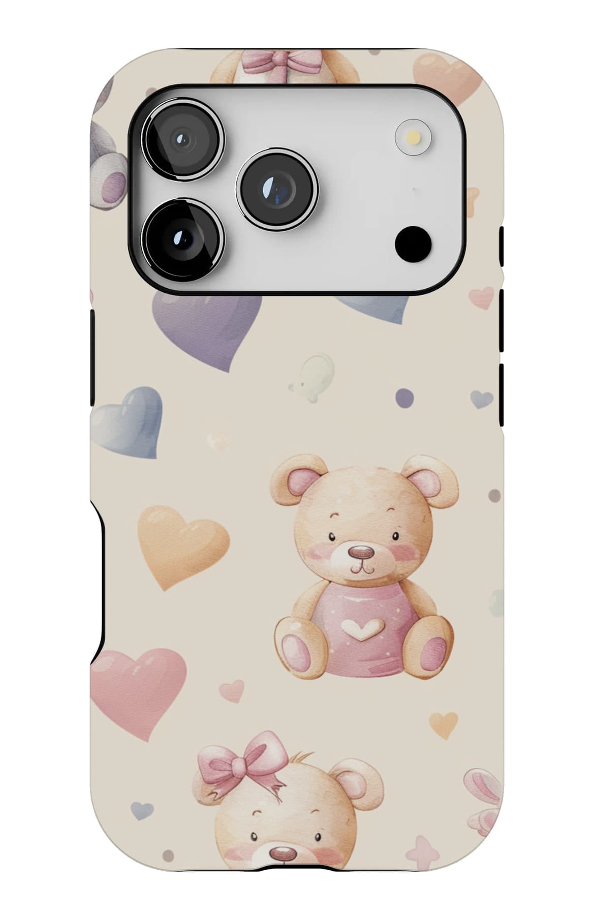 Soft teddies and hearts on cream. Shown on an iPhone.