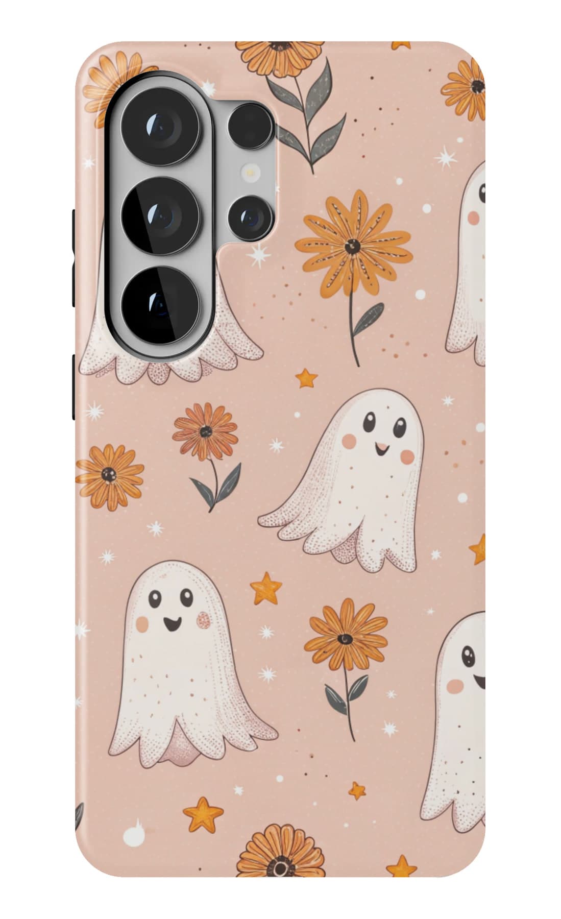 Ghosts among daisies on peach. Shown on a Galaxy.