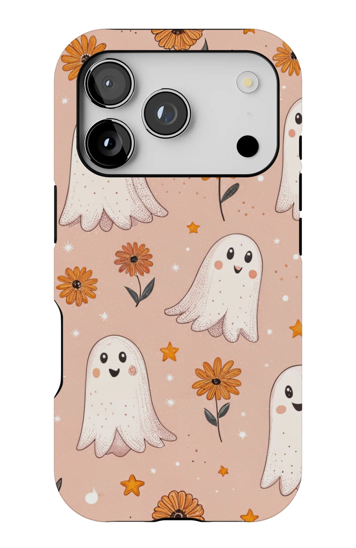 Ghosts among daisies on peach. Shown on an iPhone.