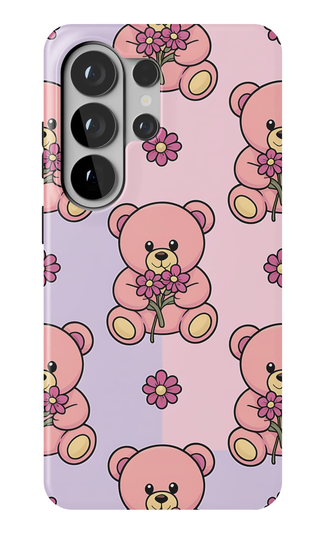 Teddies holding hearts, on peach. Shown on a Galaxy.