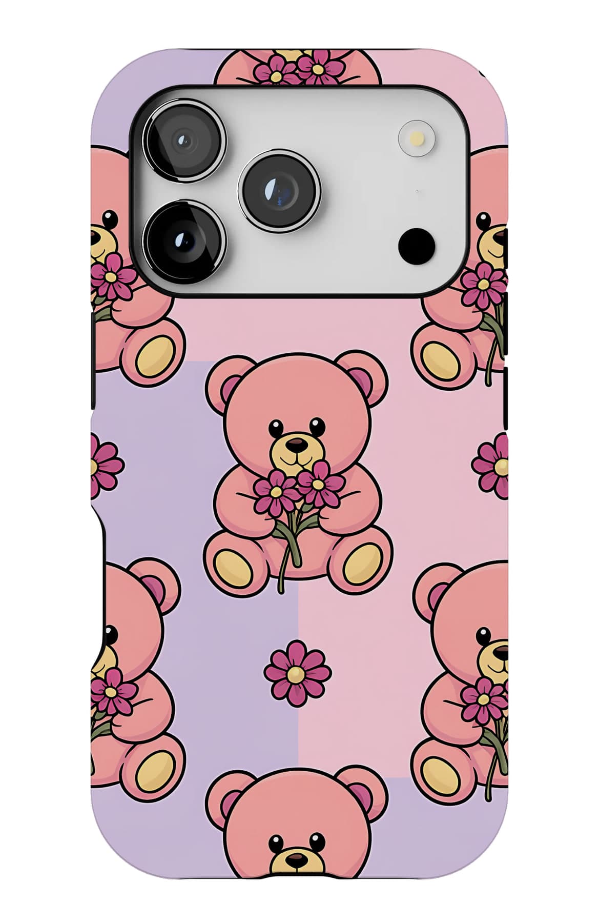 Teddies holding hearts, on peach. Shown on an iPhone.